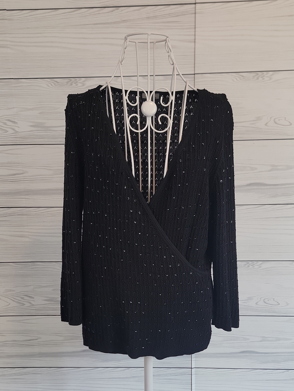 Ann Taylor Sequined Knit Top Black Beaded Wrap-Front Women's Size L